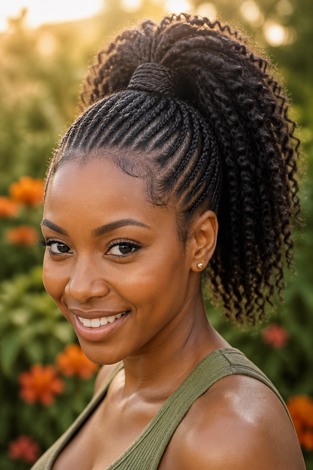 Close-up of a real woman with a crown ponytail made from cornrows, wrapped base