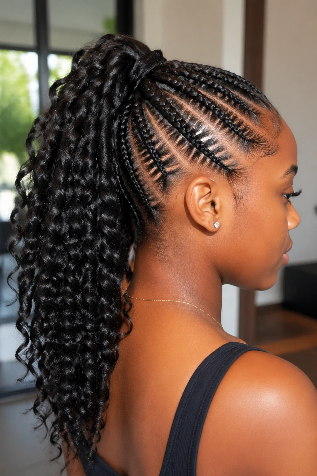 Profile view of a real woman with a high cornrow base and curled ponytail