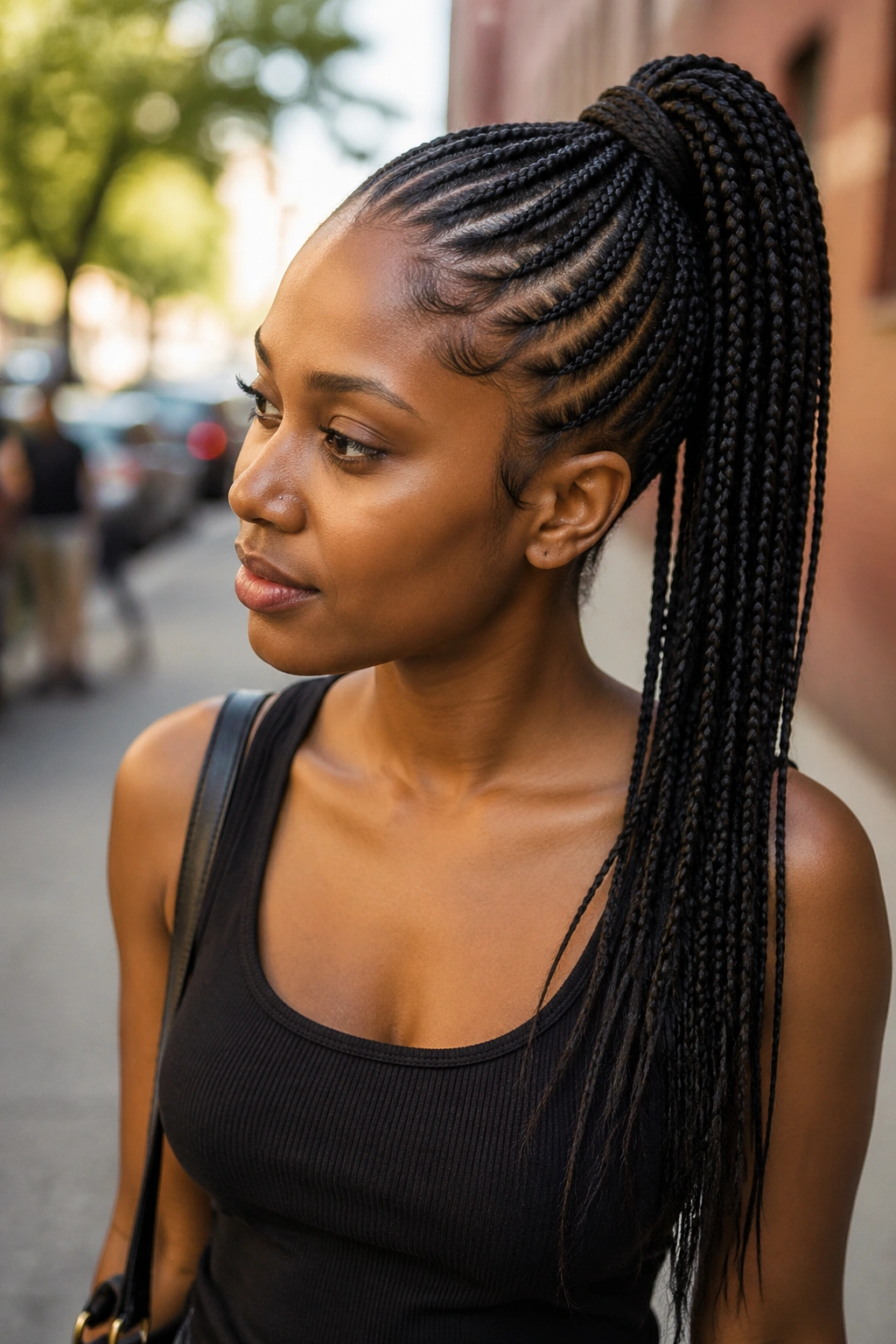 Portrait of a person with small cornrows tied into a ponytail.