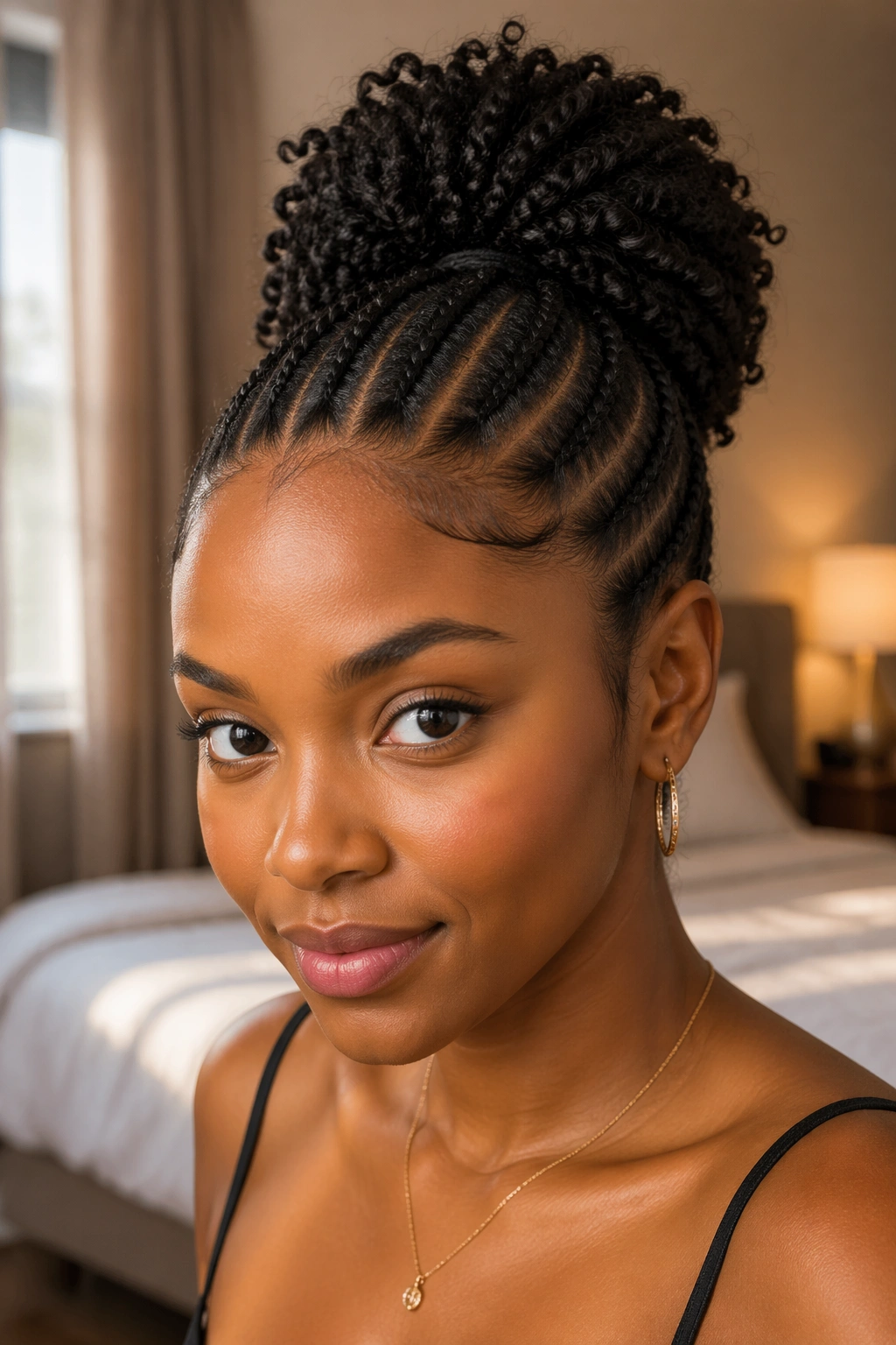 Close-up of a real woman with cornrows forming a braided base pony in warm window light