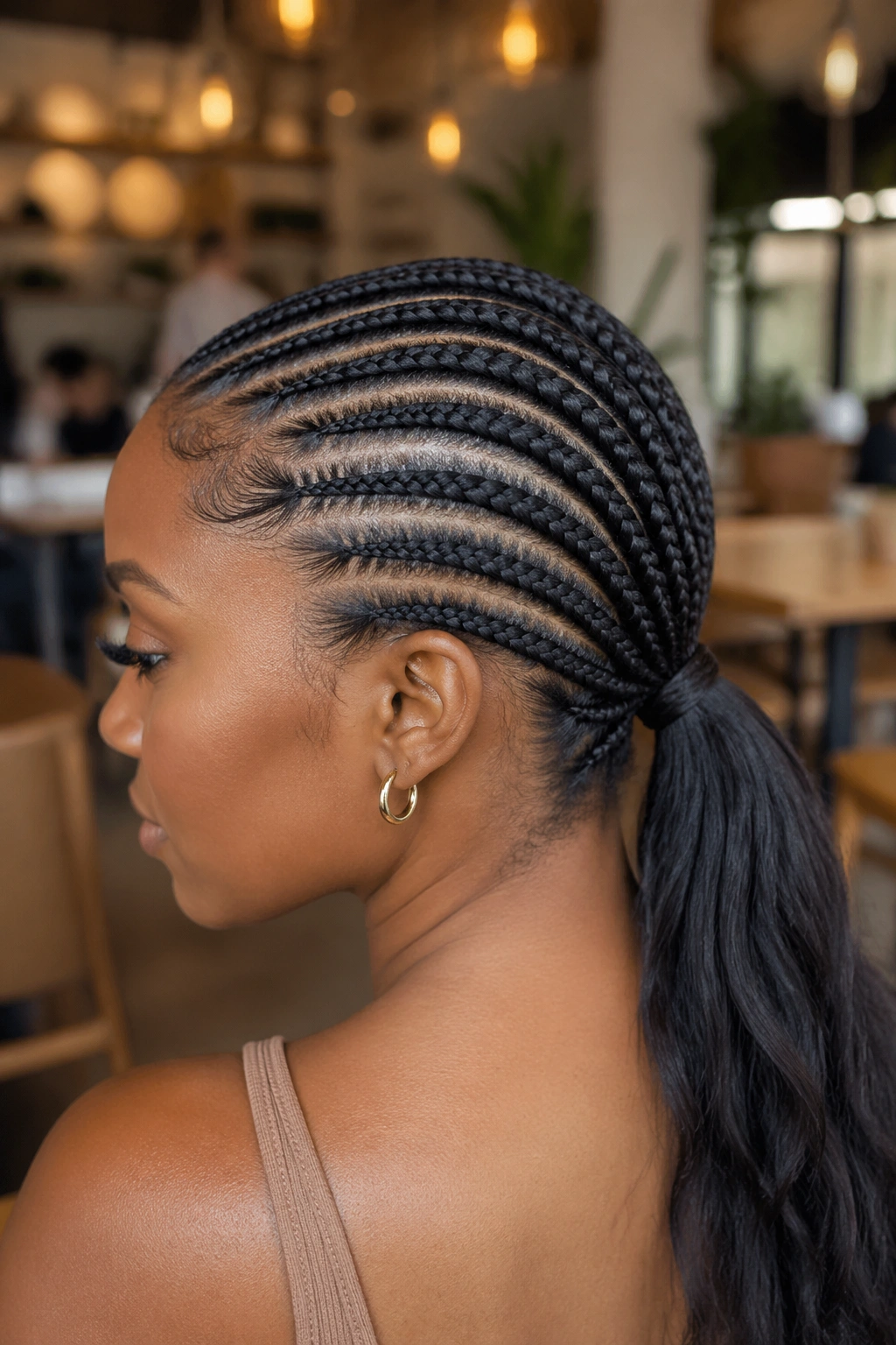 Close-up of cornrows converging at the nape into a low ponytail