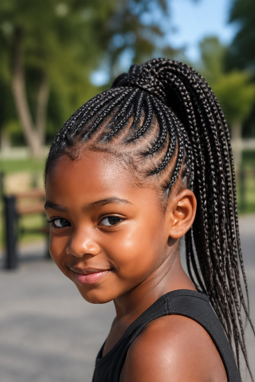 Medium close-up of a child with cornrows flowing into a ponytail