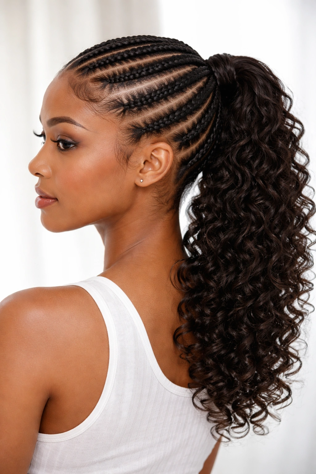Three-quarter view of feed-in cornrows transitioning to curly ponytail ends