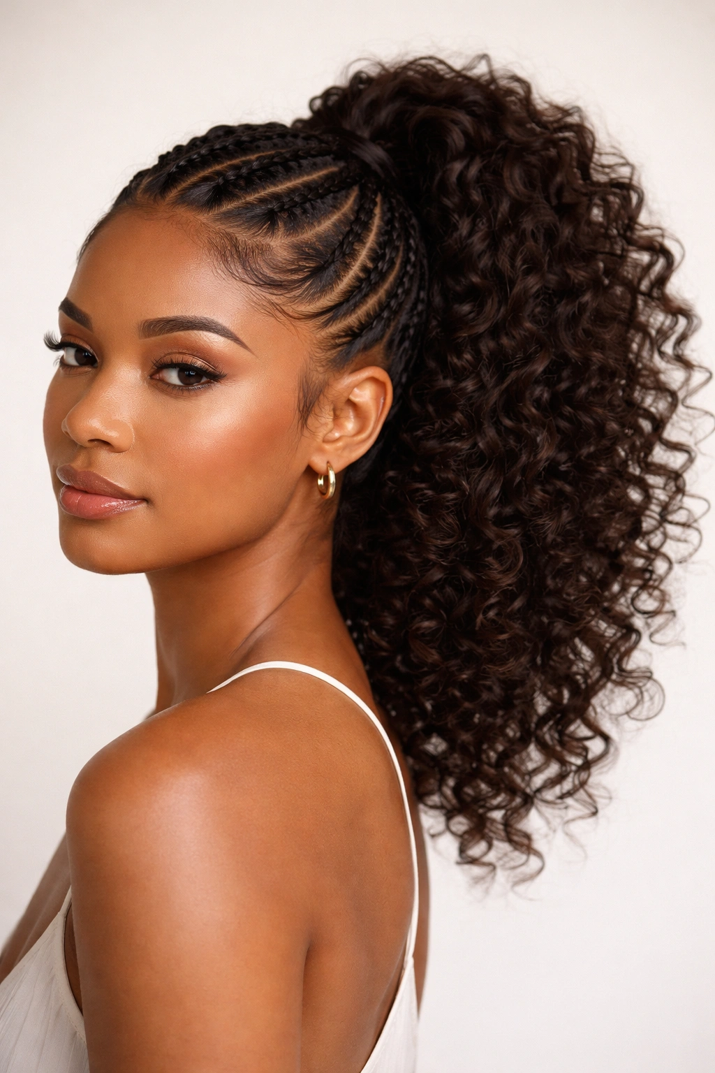 Cornrows feeding into a high ponytail with curly hair visible