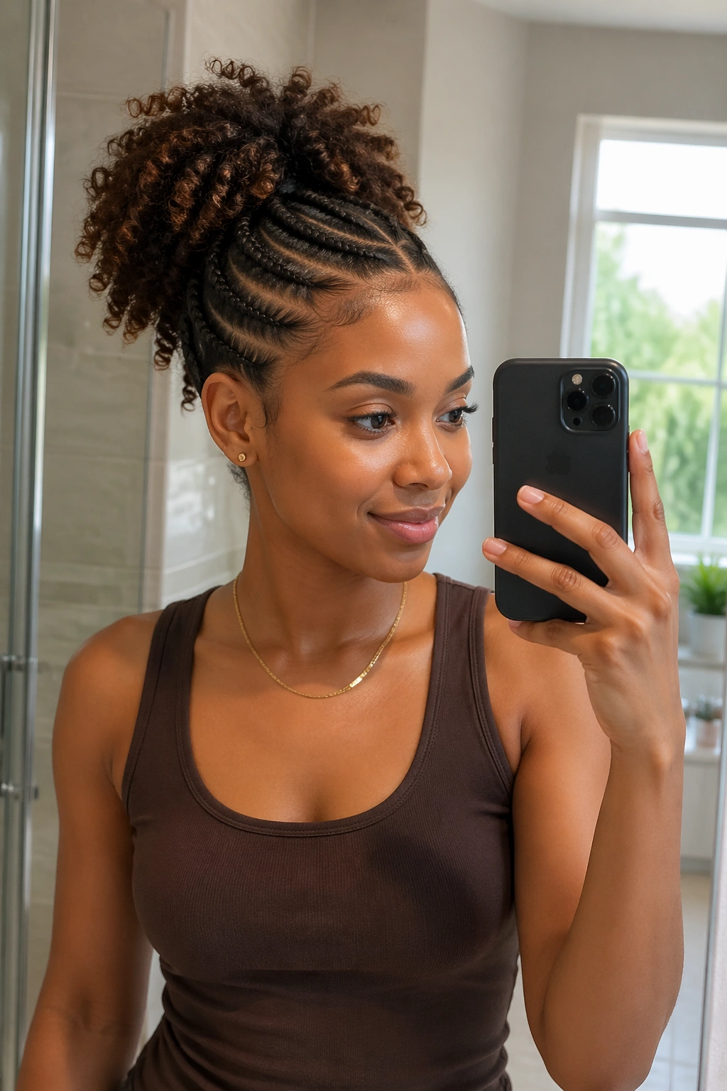 Mirror-selfie of cornrow ponytail with curly puff.