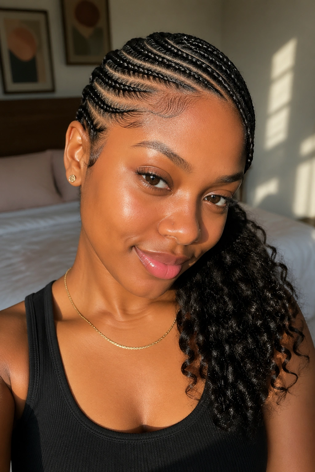 Close-up of side-swept cornrows forming a low side ponytail on a real person