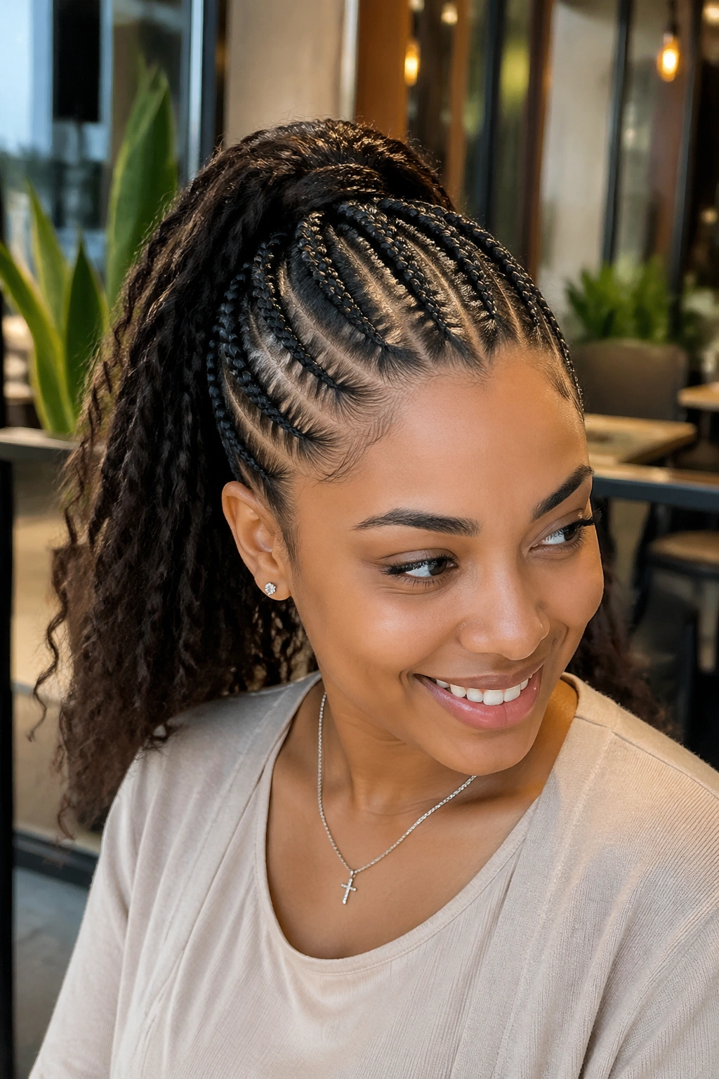 Eight cornrows braided back into a single crown ponytail on real person.