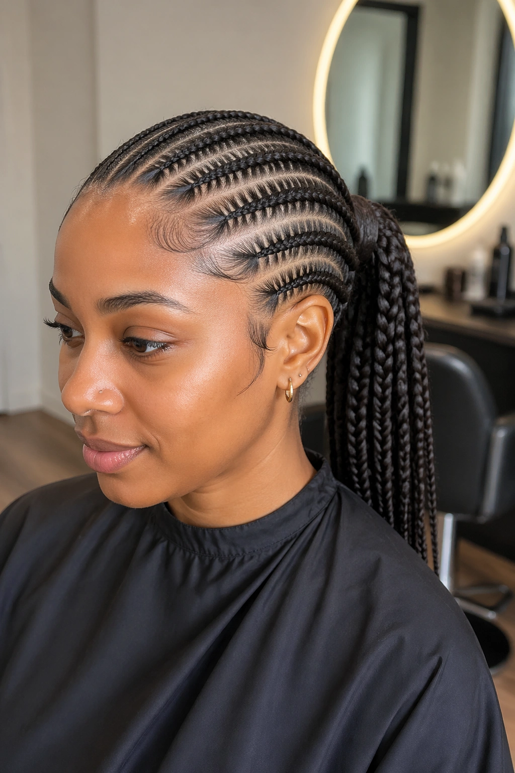 Close-up of a real woman with sleek cornrow feed-in mid ponytail