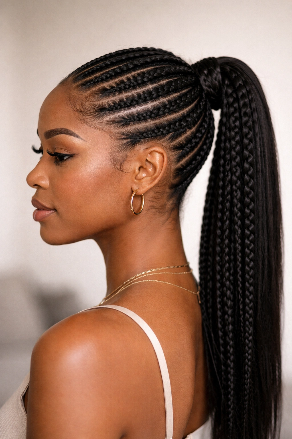 Close-up of feed-in braid base blending into stitch braids forming a neat ponytail on natural hair