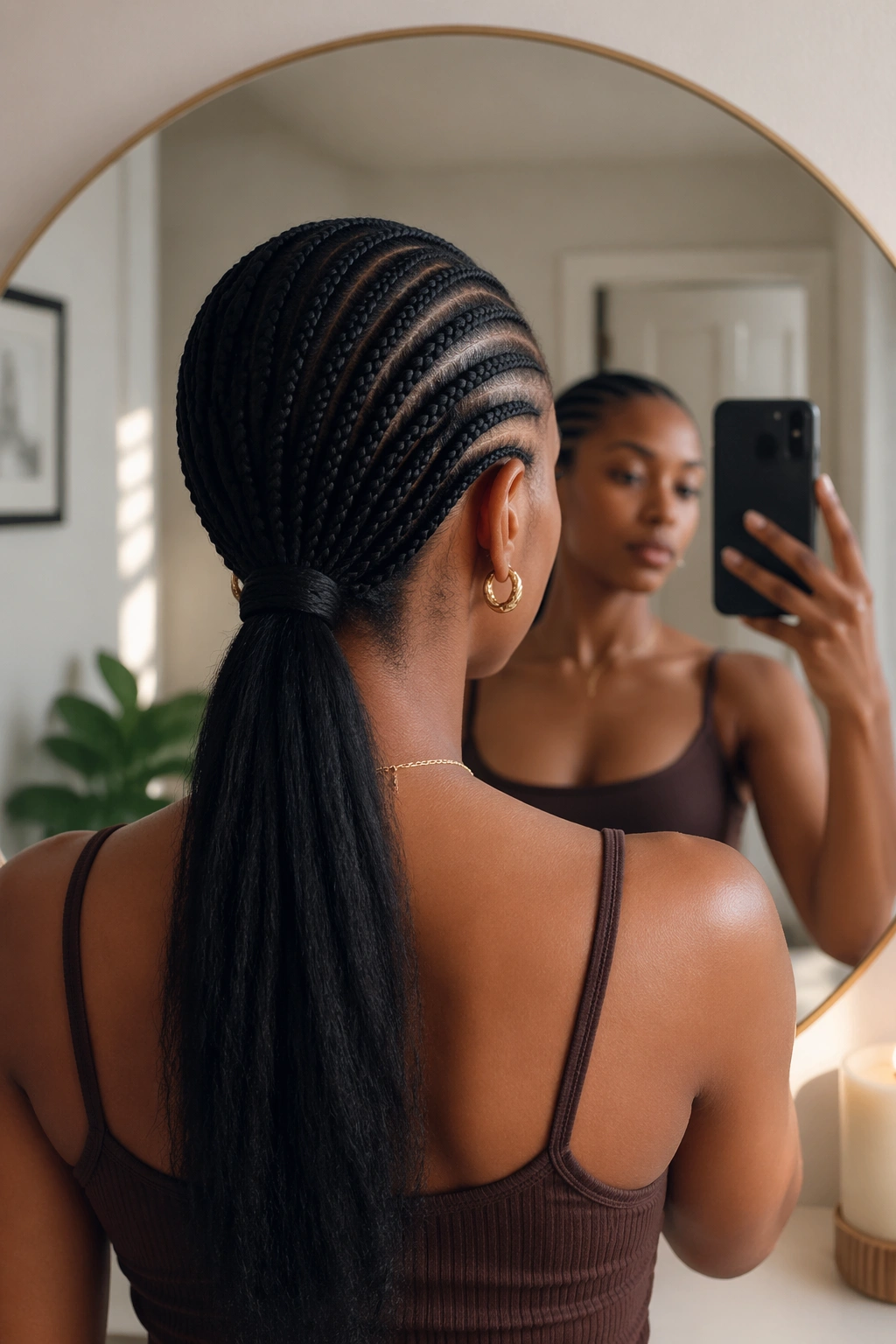 Over-the-shoulder mirror selfie with cornrows and low ponytail