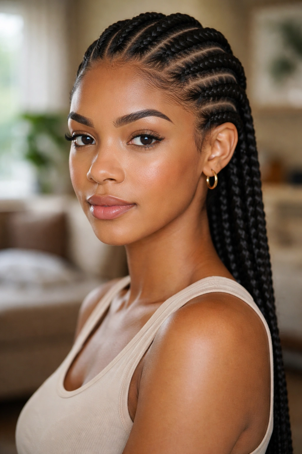 Close-up portrait of a real person with straight back cornrows and visible horizontal parts.