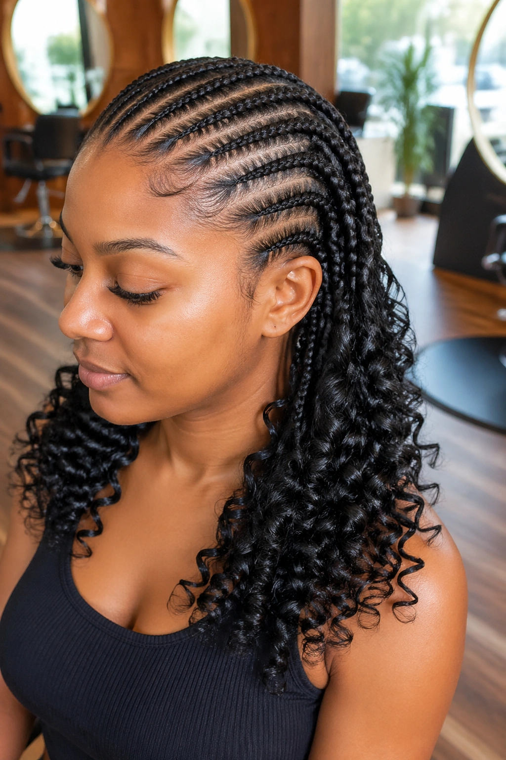 Real person with cornrows using pre-curled braiding hair in a bright salon.