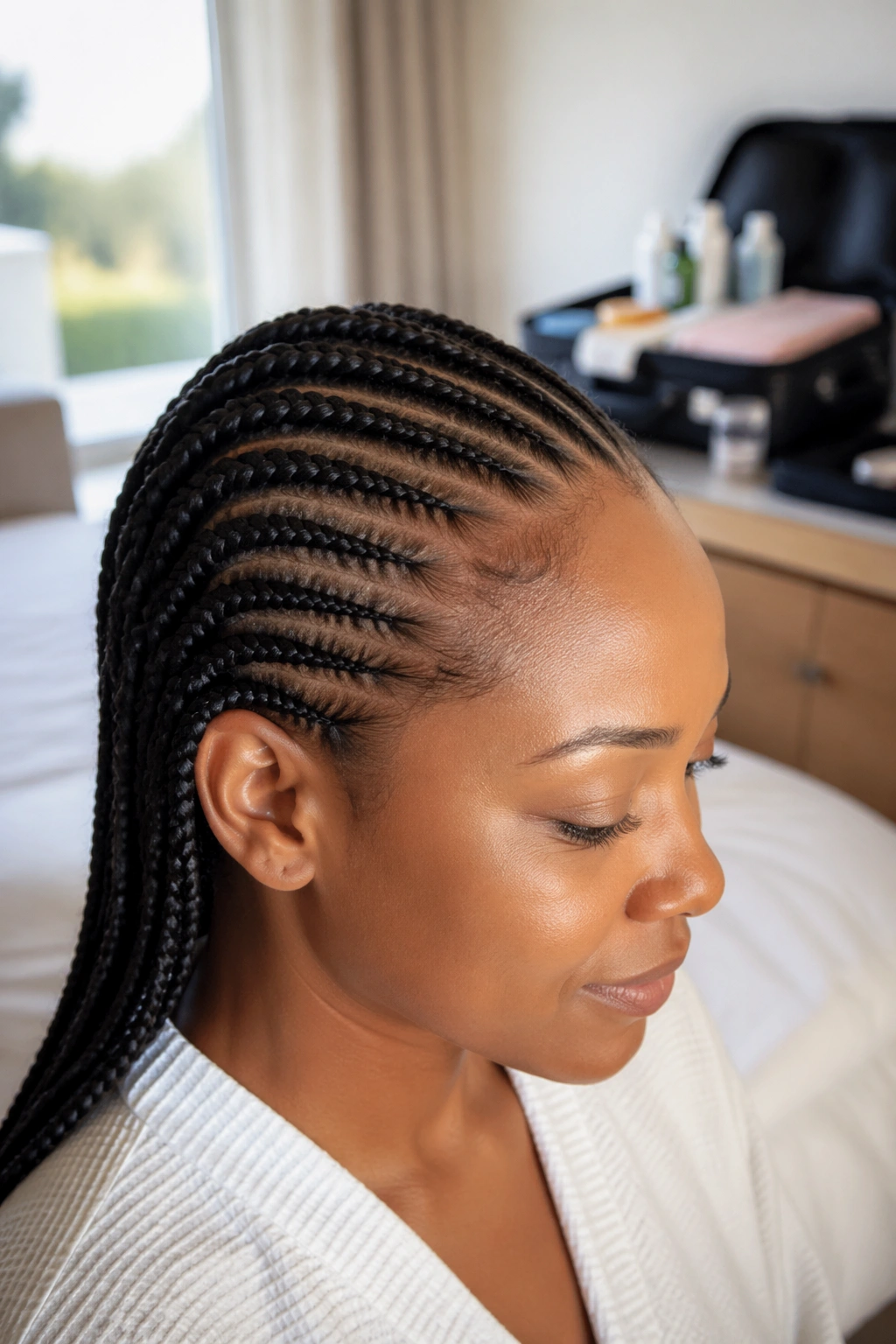 Close-up of a person with freshly installed cornrows in a travel-prep setting.