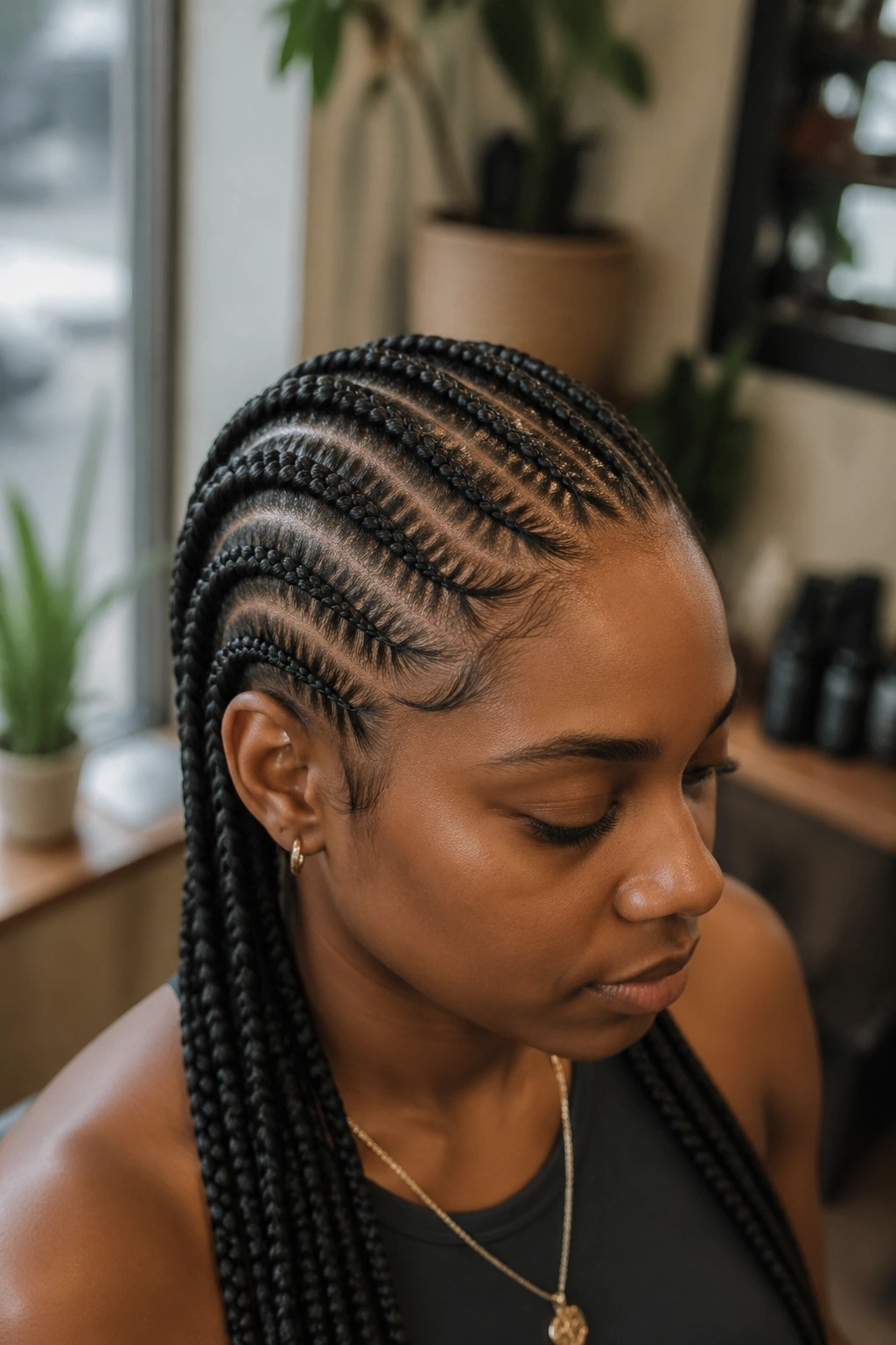 Close-up portrait of a woman with cornrows on a real head in natural light