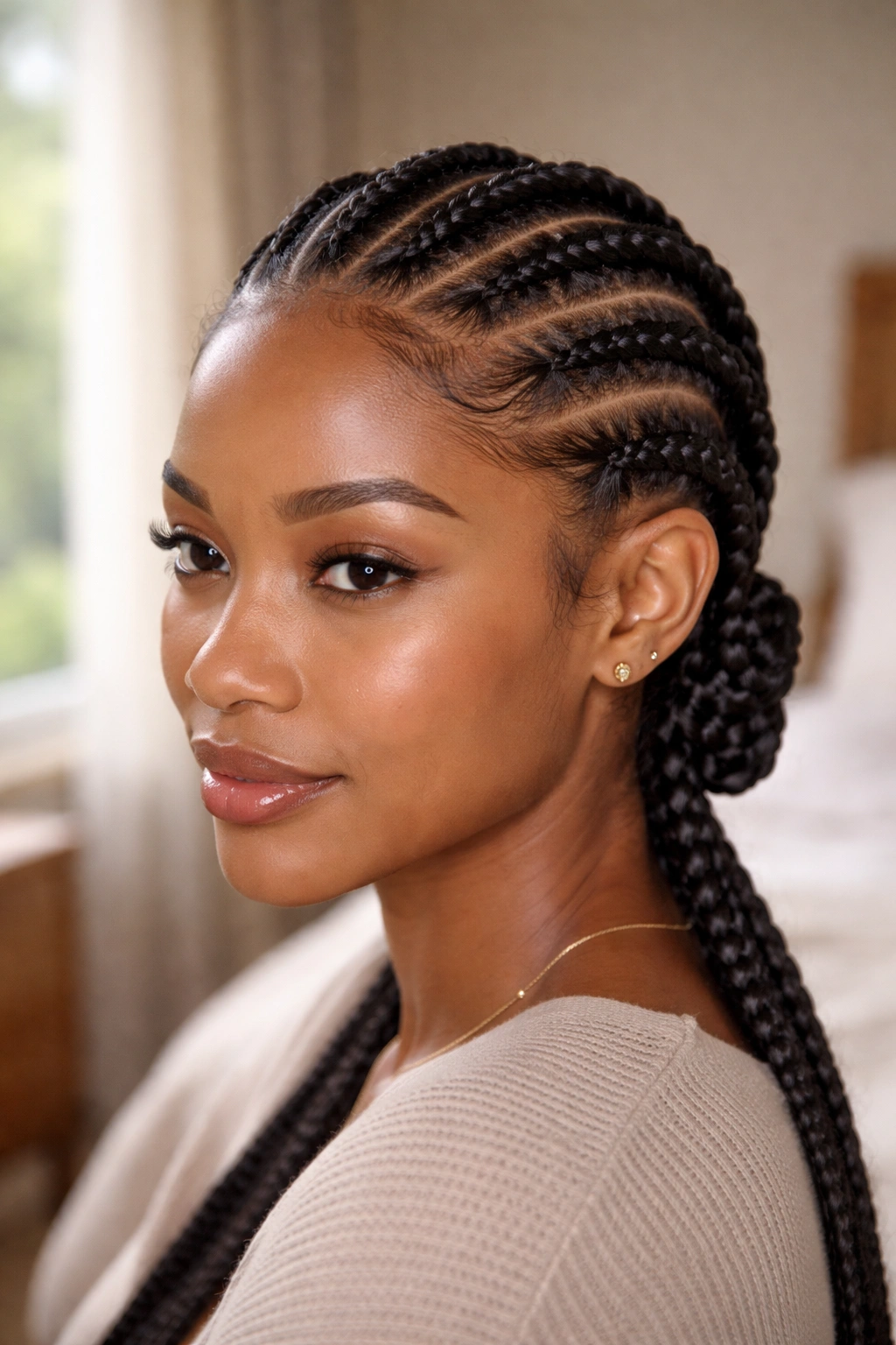 Close-up of a real woman with protective cornrows showing gentle hairline tension and tucked ends.