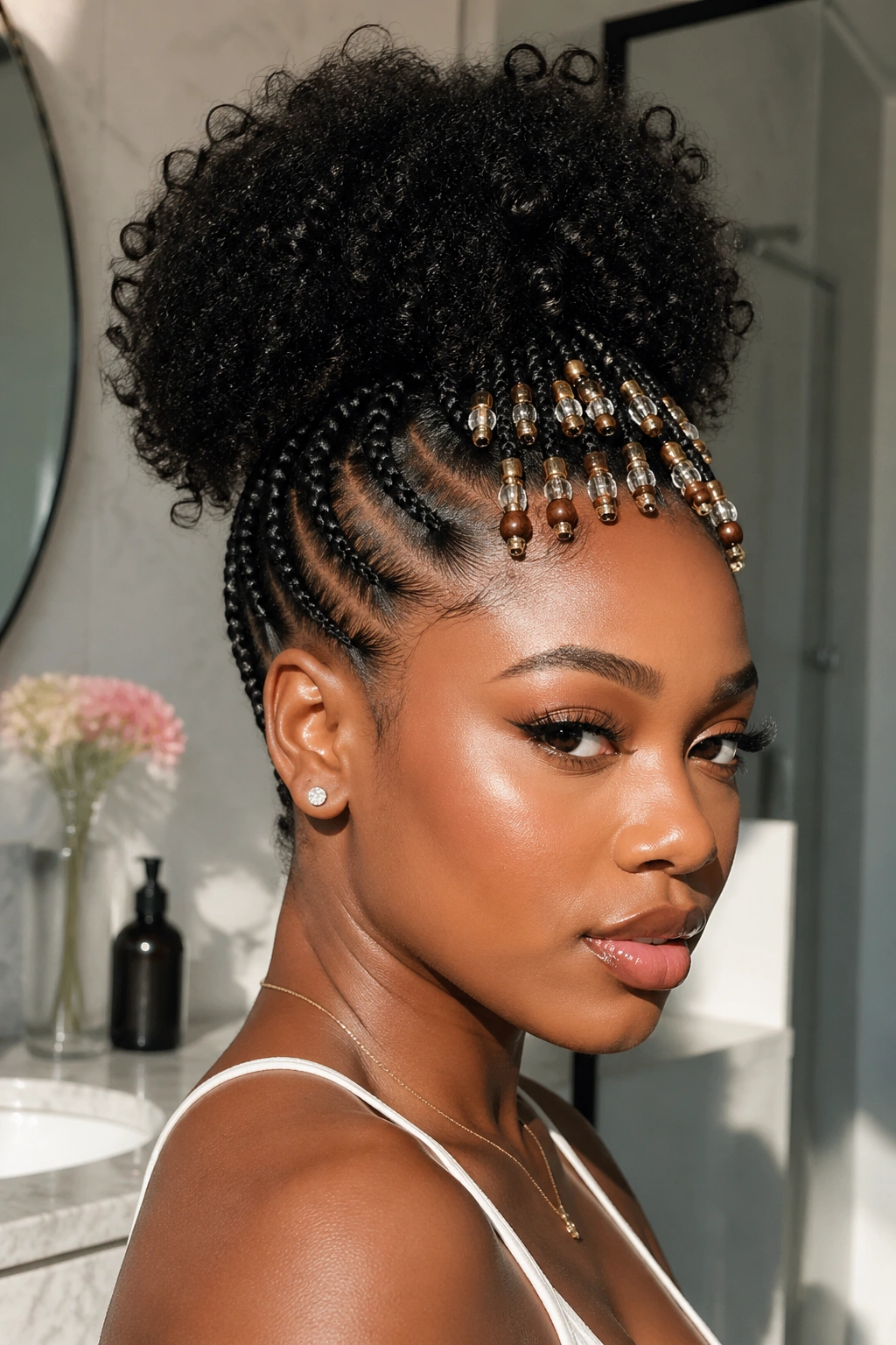 Close-up of cornrowed sides flowing into a large beaded puff on a real person