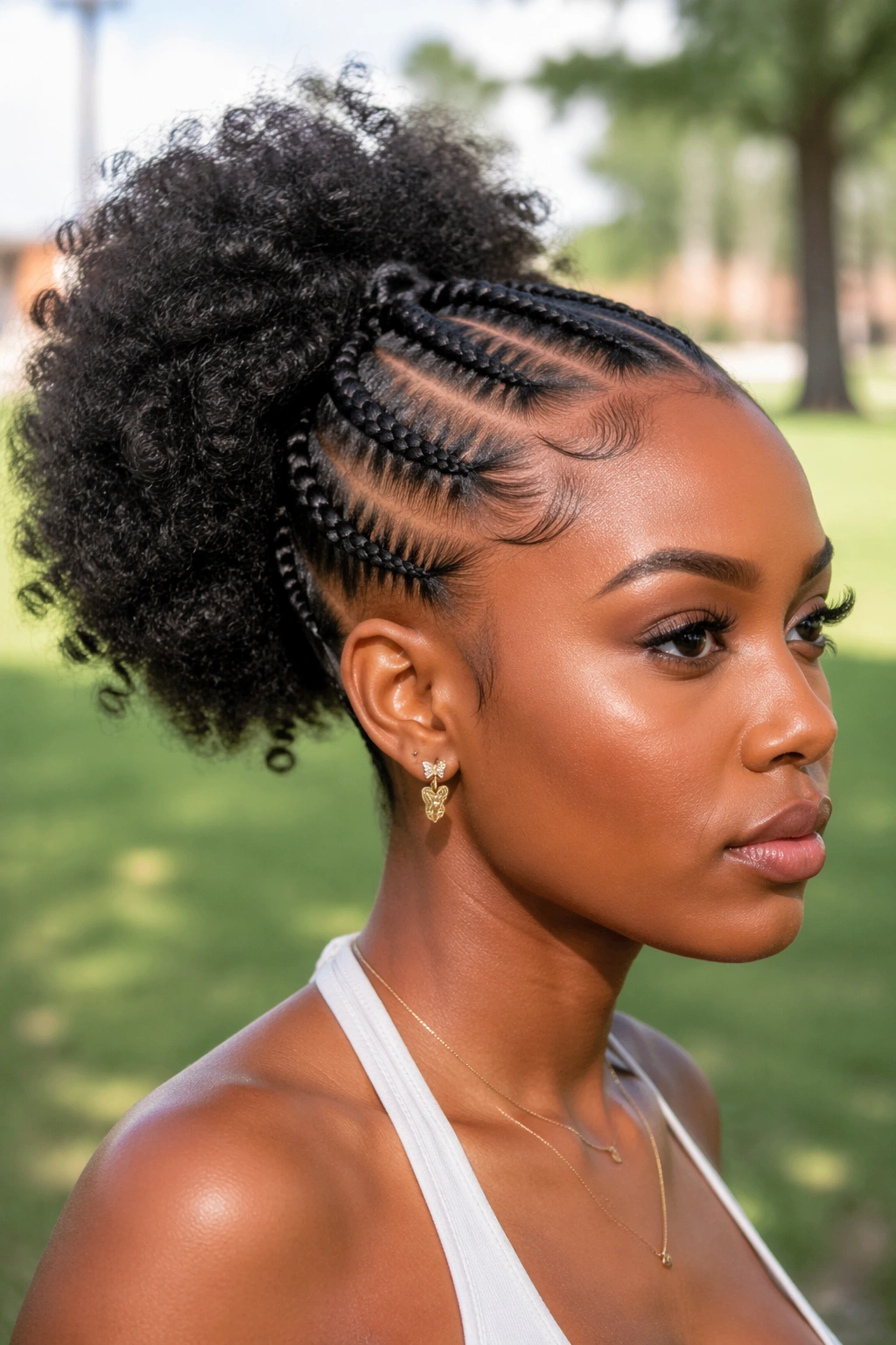 Close-up of a real woman with cornrows flowing into a puff