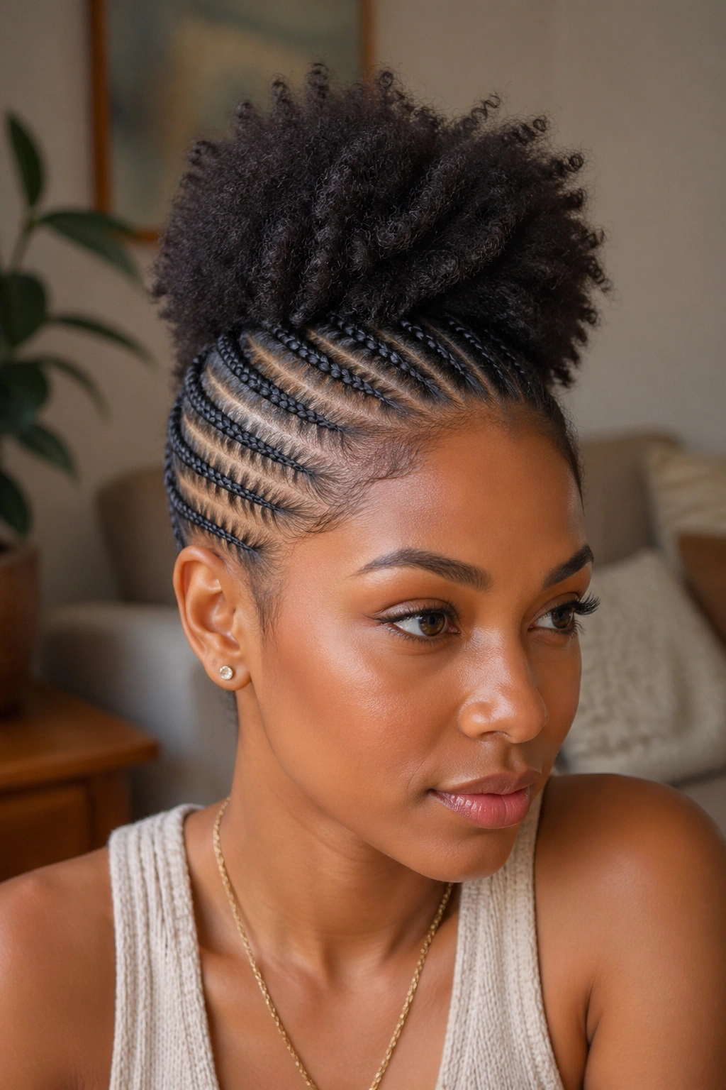 Close-up portrait of a real person with cornrows and a natural hair puff at the crown