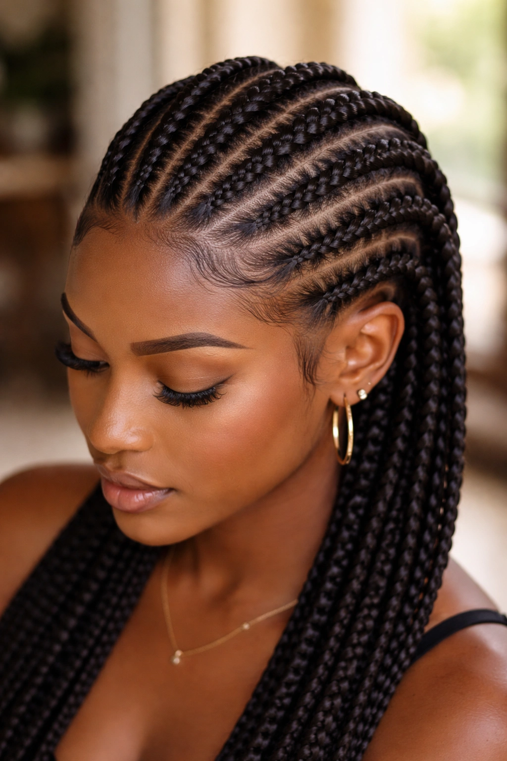 Close-up of real woman with razor-parted all-back cornrows