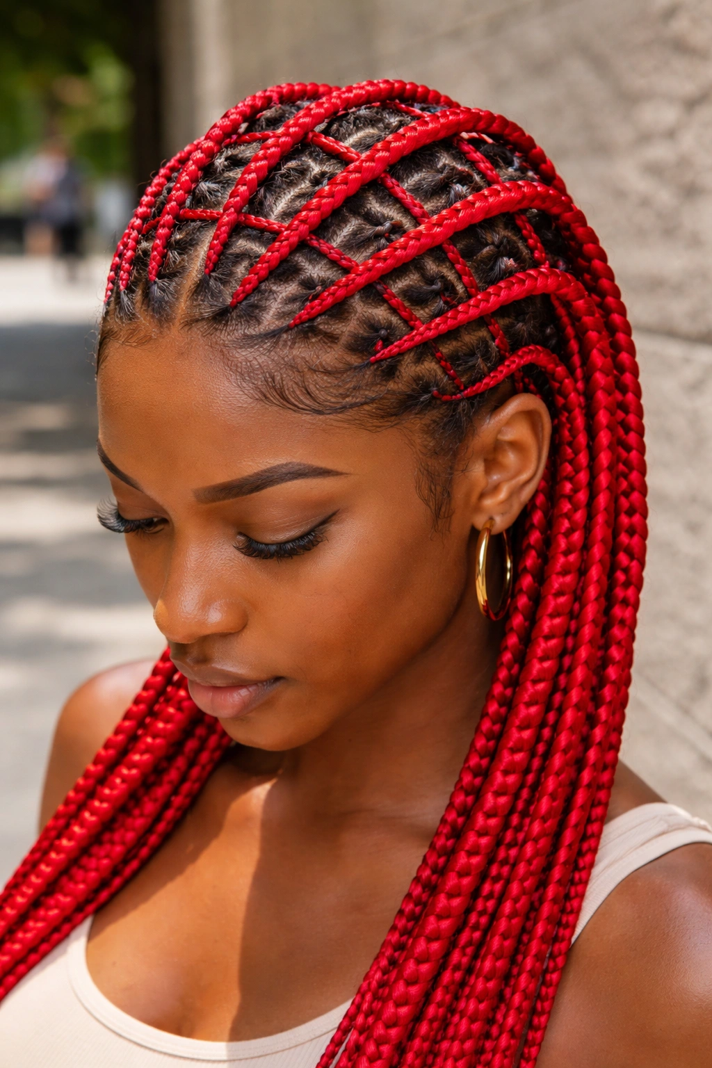 Close-up of bright red box-pattern cornrows on a real person
