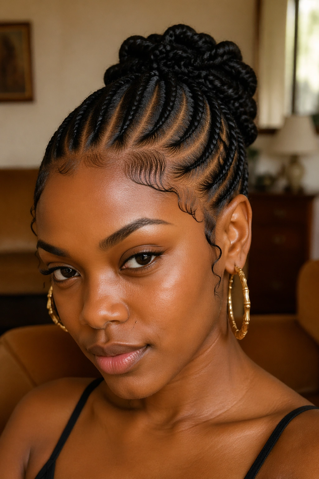 Close-up portrait of a woman with cornrows and sculpted edges in a retro-inspired living room.