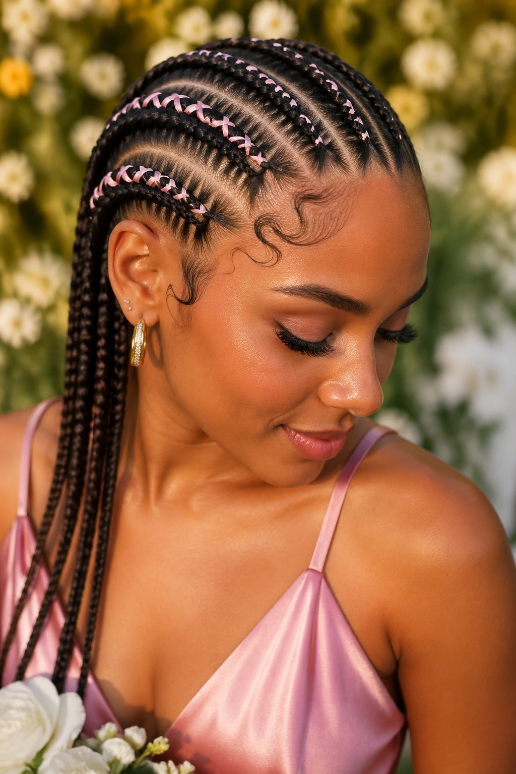 Real woman's head with ribbon woven cornrows in outdoor setting