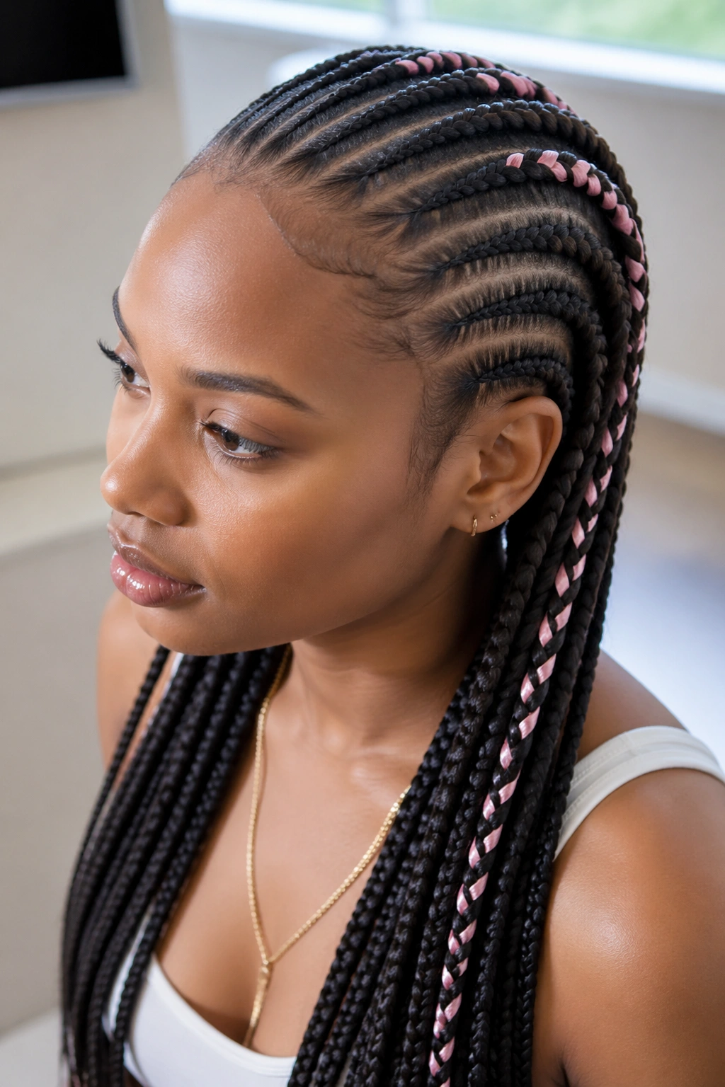 Close-up portrait of a real person with a ribbon woven through straight-back cornrows.