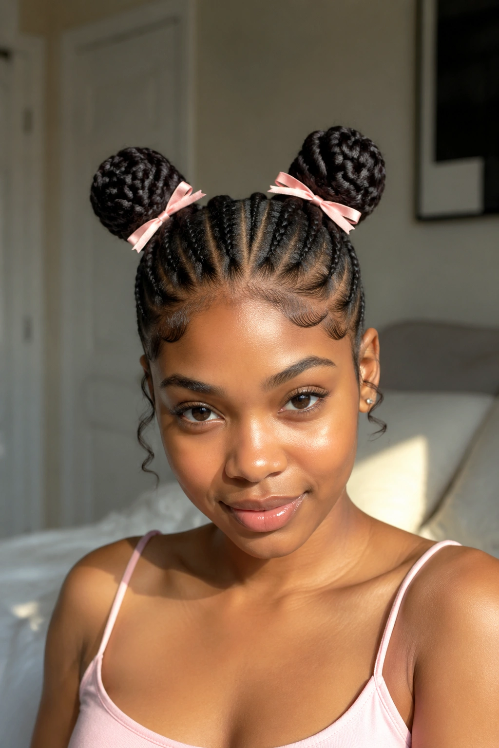 Close-up of a real woman with two high cornrow buns and ribbon accents in a sunlit bedroom