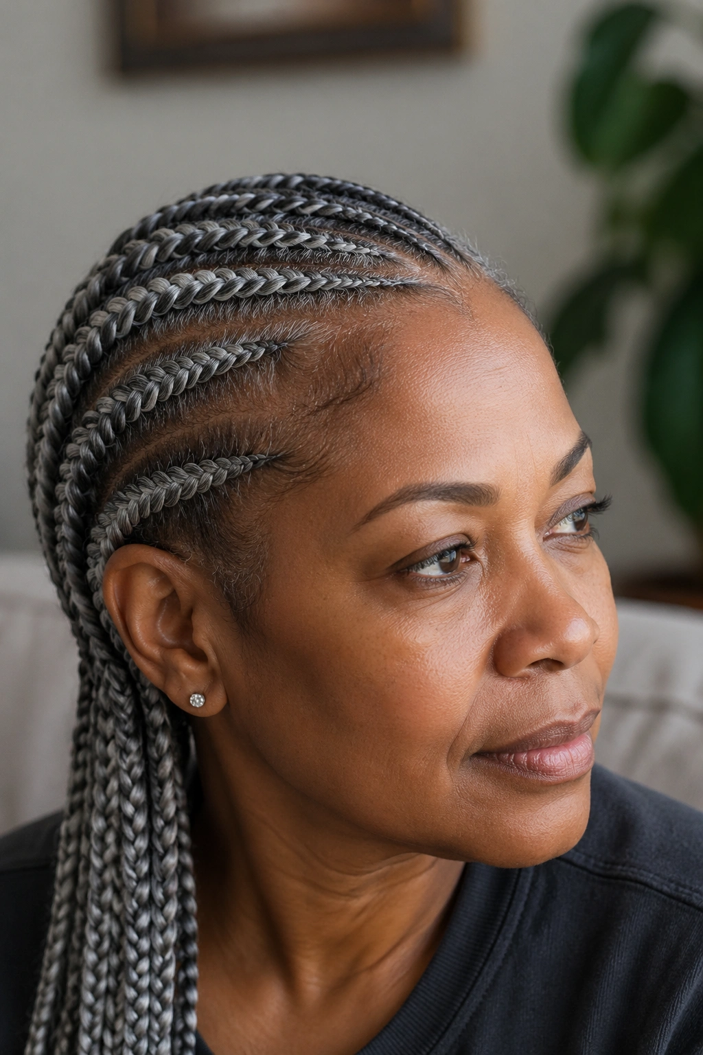 Close-up portrait of a real woman with salt-and-pepper cornrows featuring mixed strands