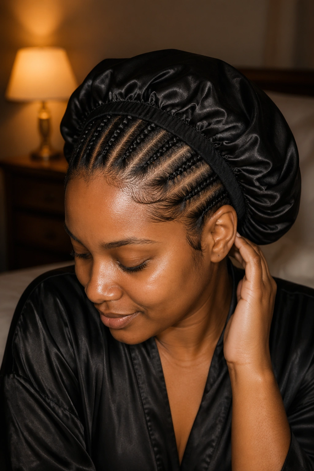 Cornrow braided section with satin bonnet for long-term maintenance