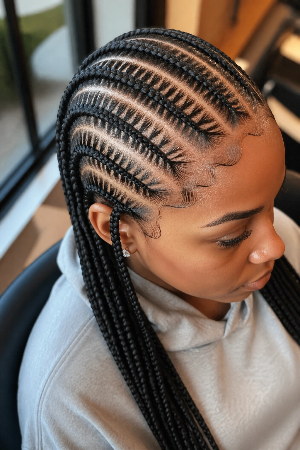 Close-up of scalp art between straight-back cornrows on a real person.