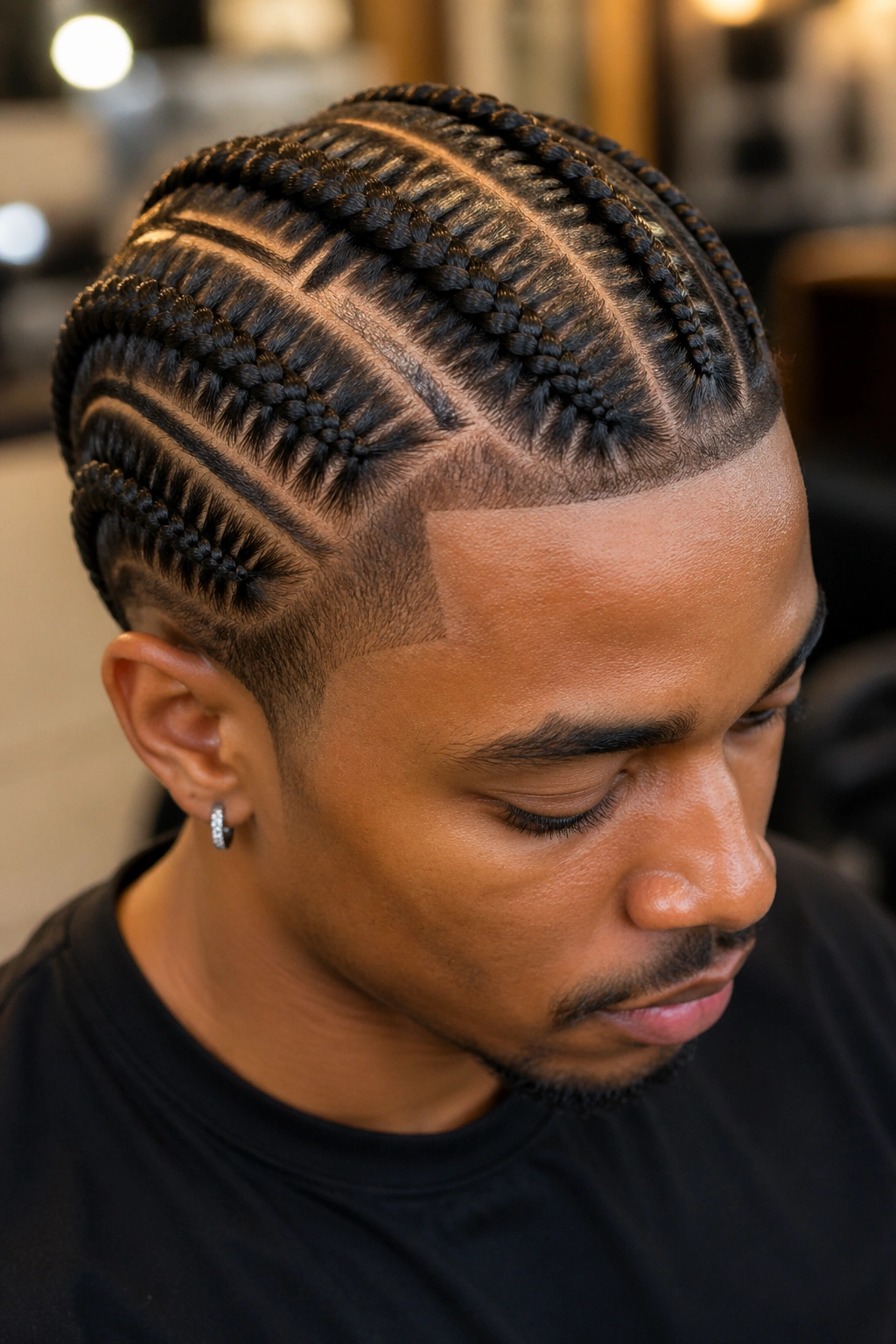 Close-up of a real person with four cornrows and scalp design accents between braids.