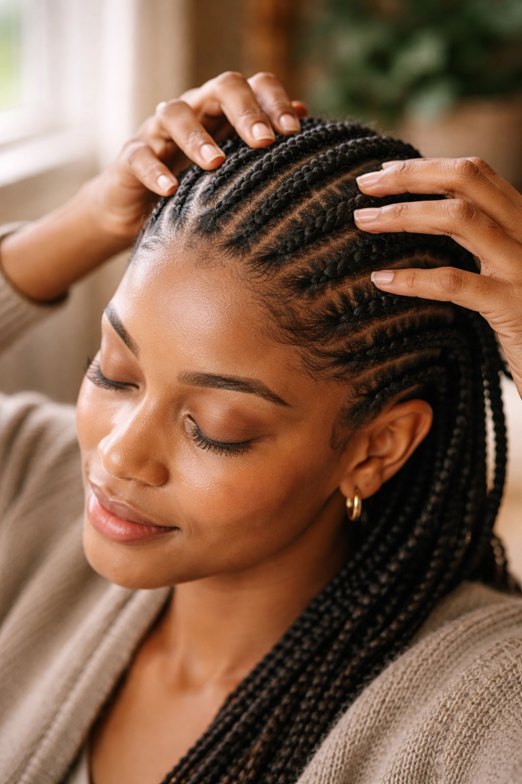 Close-up of real person with cornrows while fingertips massage the scalp along part lines