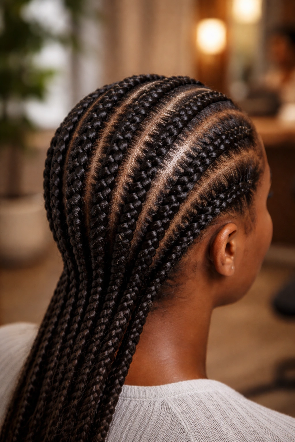 Close-up of a real person with six straight back cornrows and scalp oil sheen