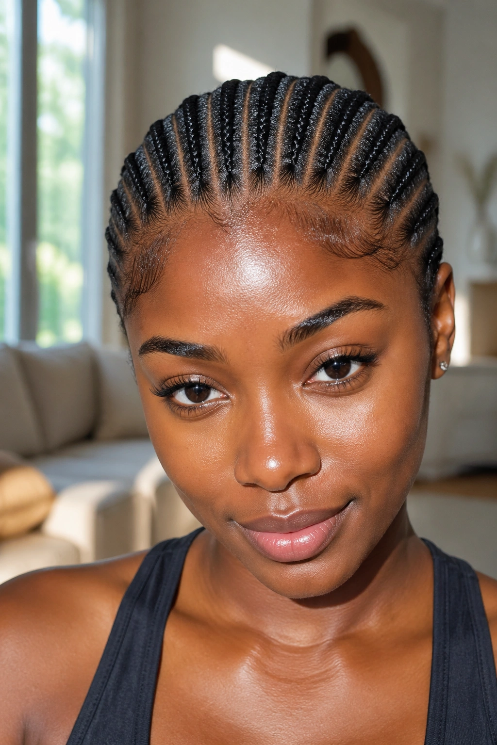 Close-up of glossy scalp shine on small cornrows