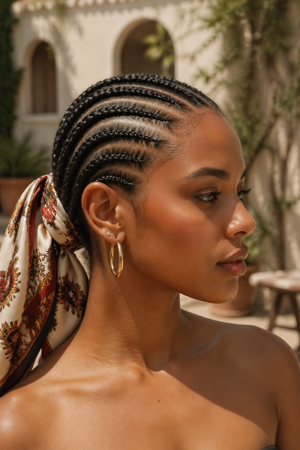 Close-up of a real person with cornrows and a scarf accent at the base