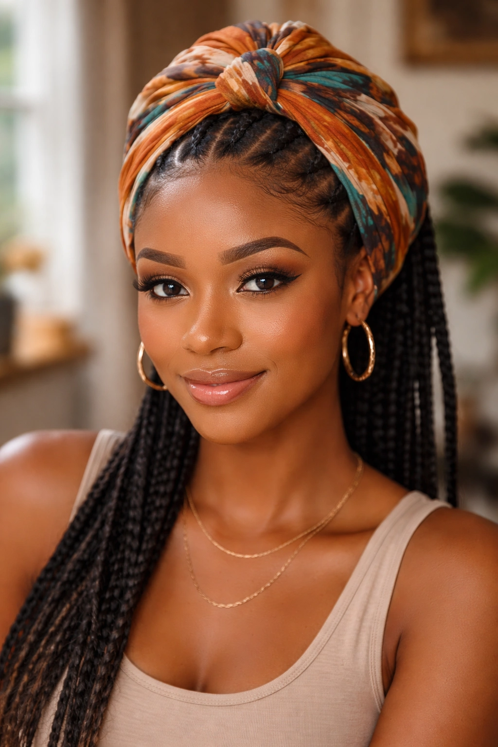 Frontal portrait of a real person with scarf-wrapped cornrows