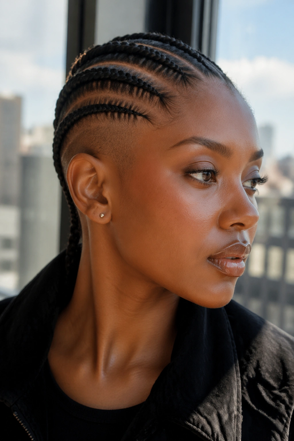 Close-up profile of a real woman with cornrows crossing over a shaved temple area