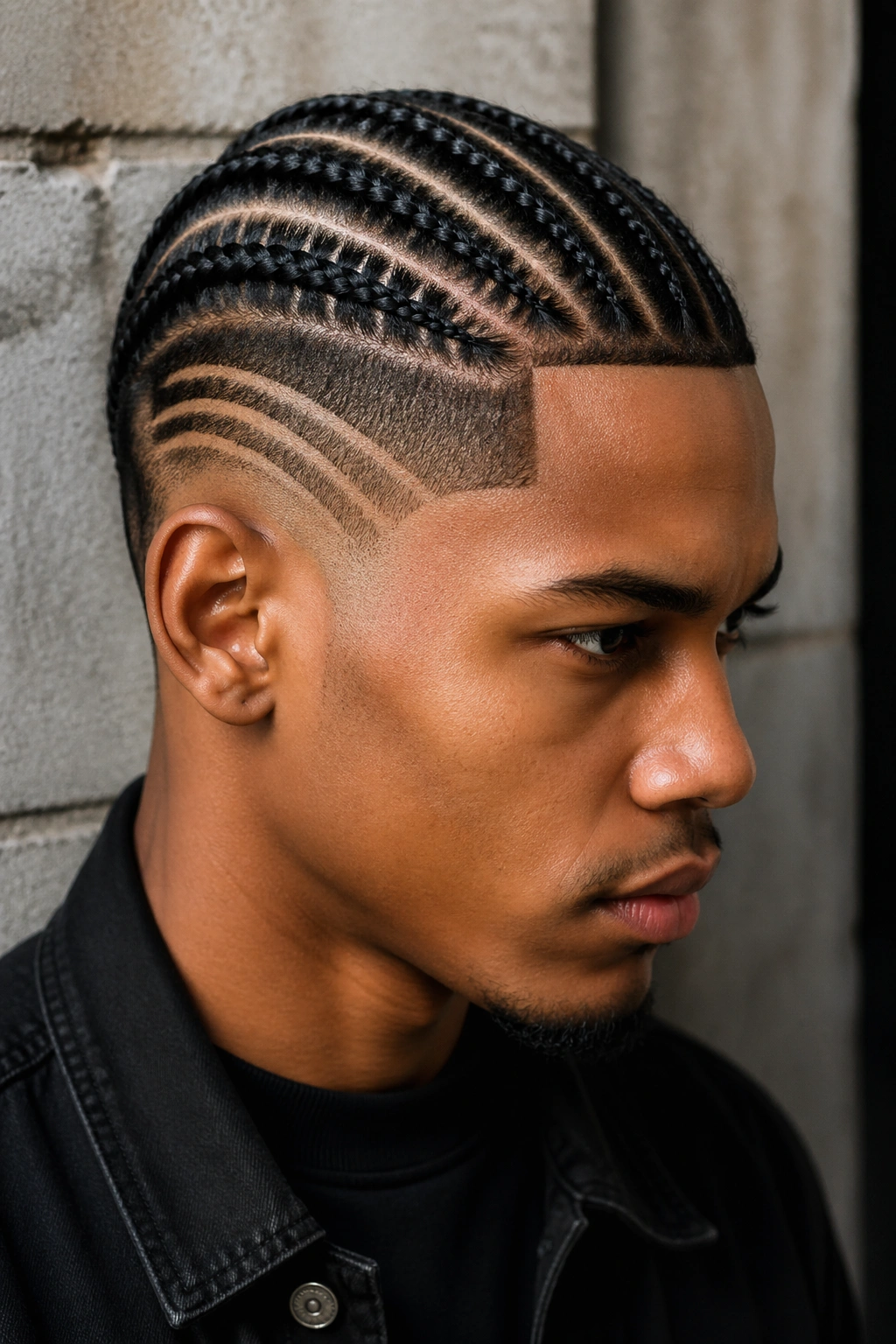 Cornrows and carved lines on shaved side of real person