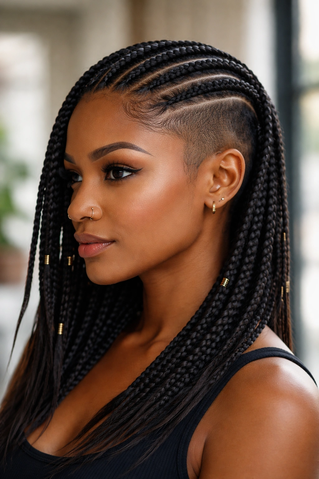 Real woman with cornrows and shaved side detail showing bold contrast