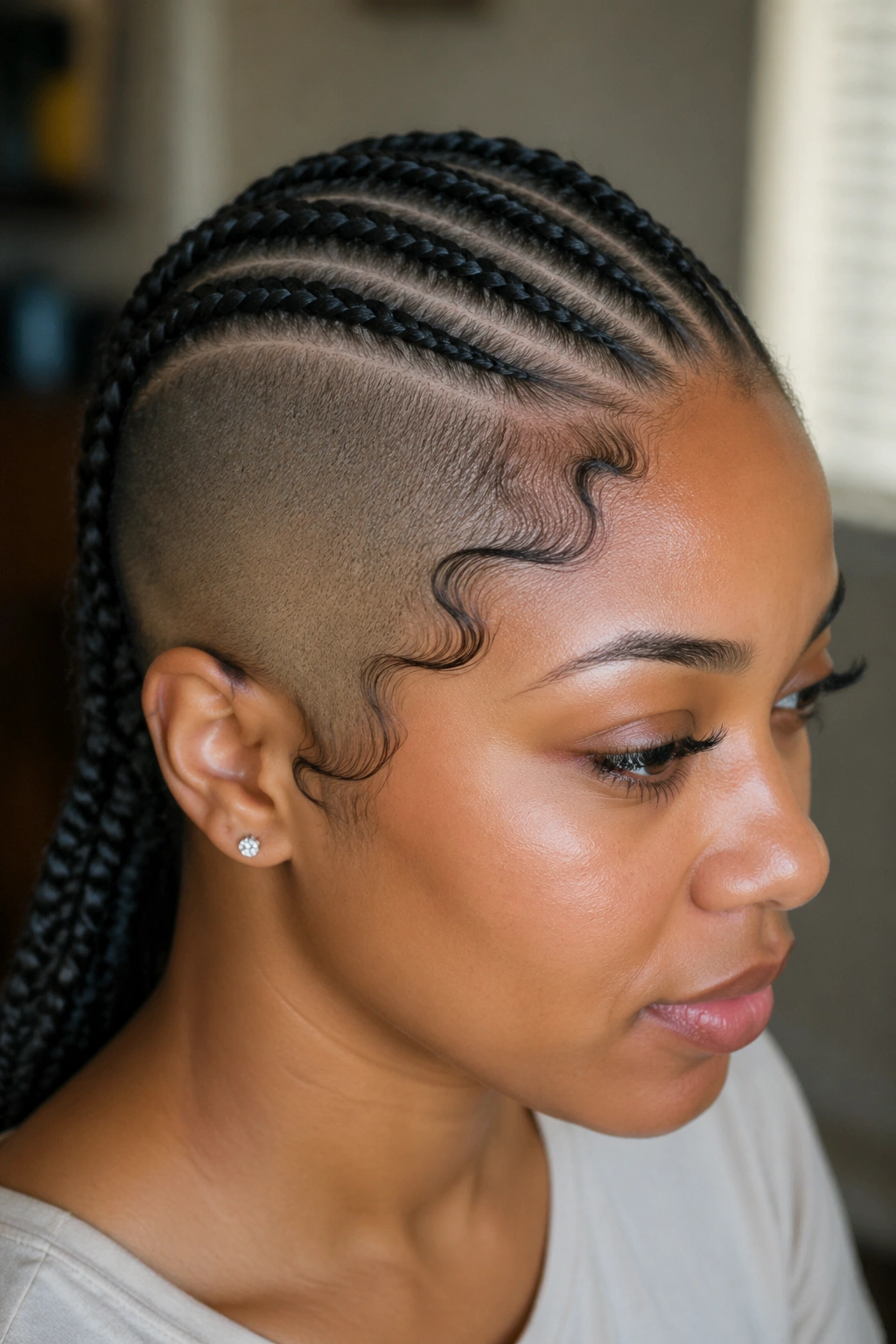 Portrait of a real person with cornrows, shaved side, and baby hairs.
