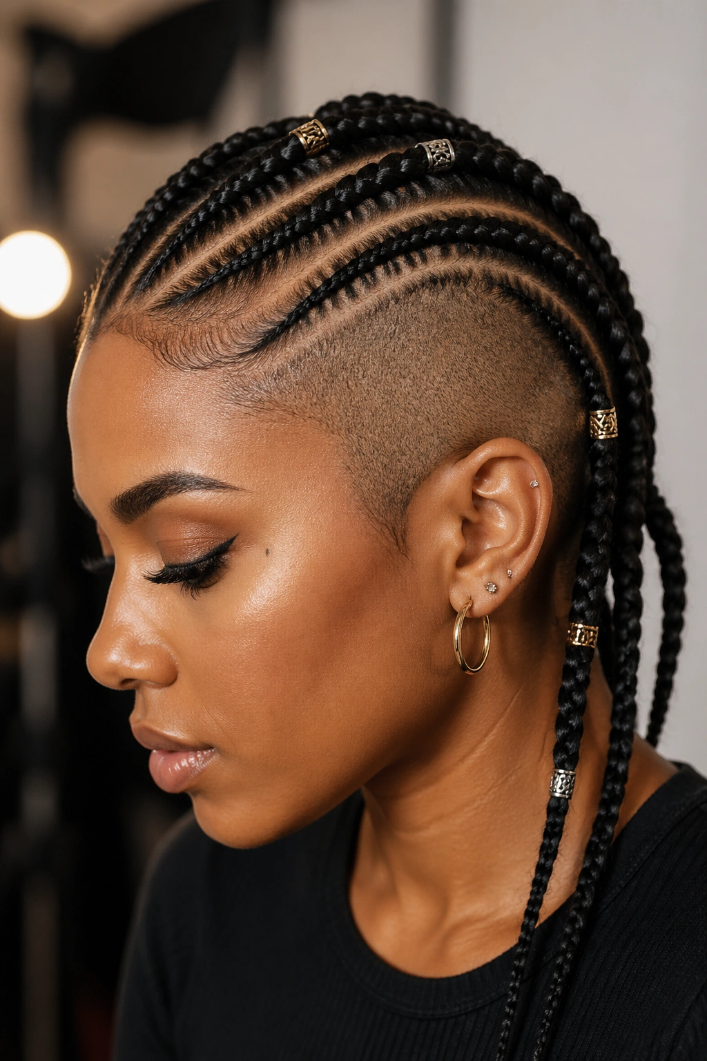 Real person with shaved side and cornrows accented by metal cuffs on braids