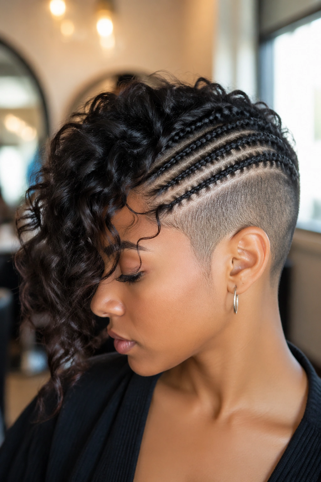 Close-up portrait of a real person with cornrows on one side, shaved side, and curls on top.