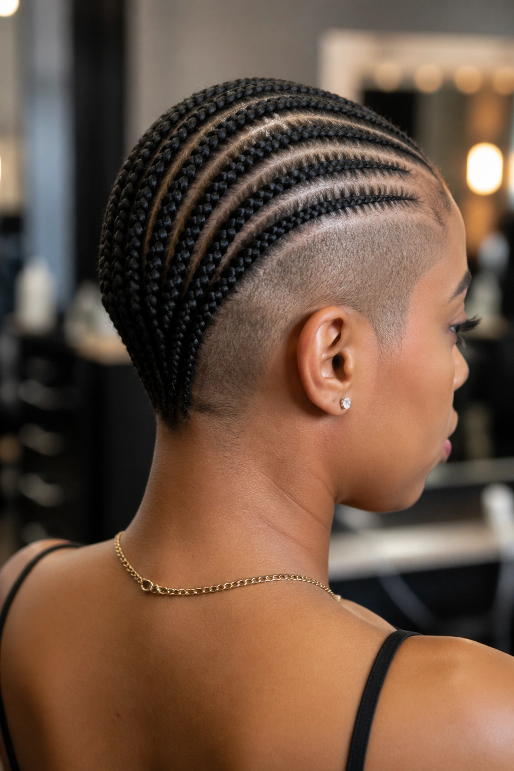 Back of head with small cornrows and shaved temples on a real person