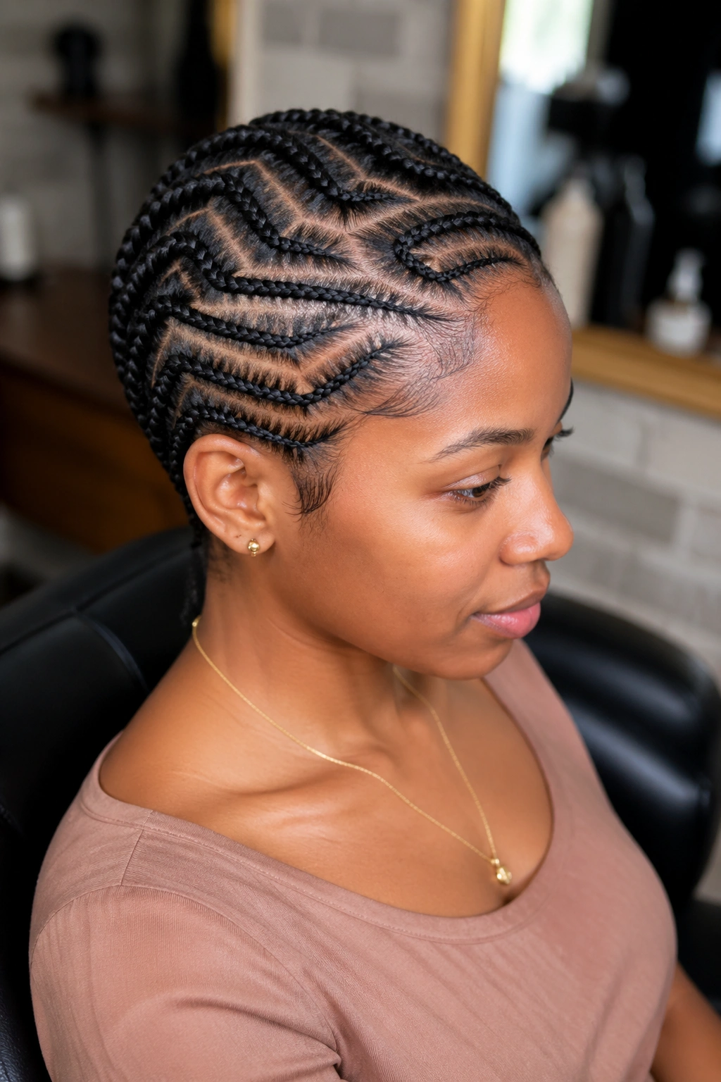 Portrait of a real woman with crisp cornrows on short hair