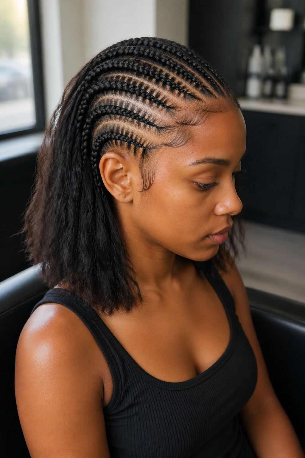 Close-up of cornrows ending at shoulder length with loose hair