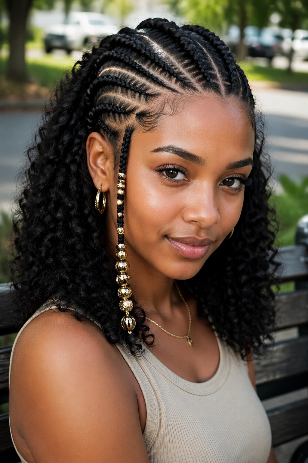 Close-up of a real person with cornrowed front and beaded side braid