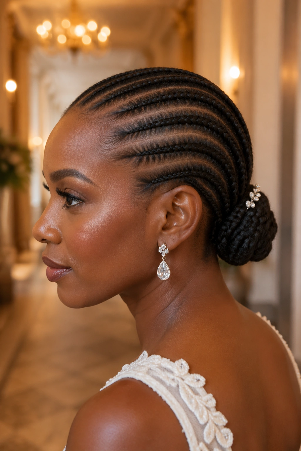 Profile view of straight-back cornrows ending in a low side bun behind the ear