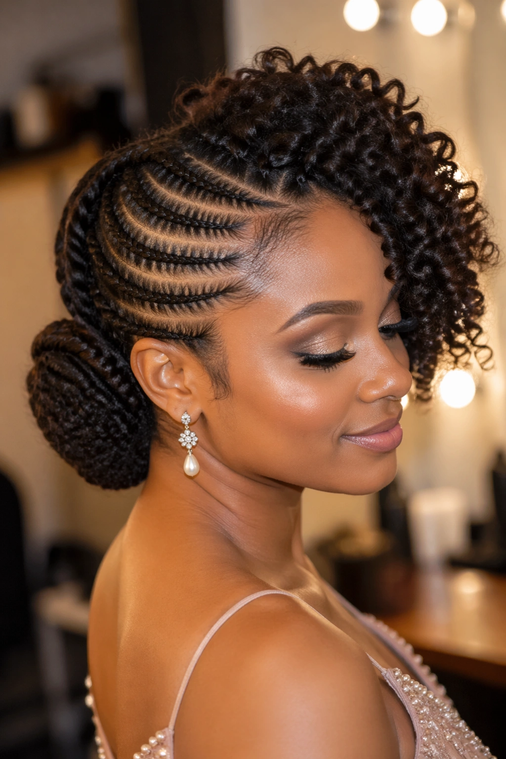 Close-up portrait of a real woman with a side bun formed from cornrows and curls