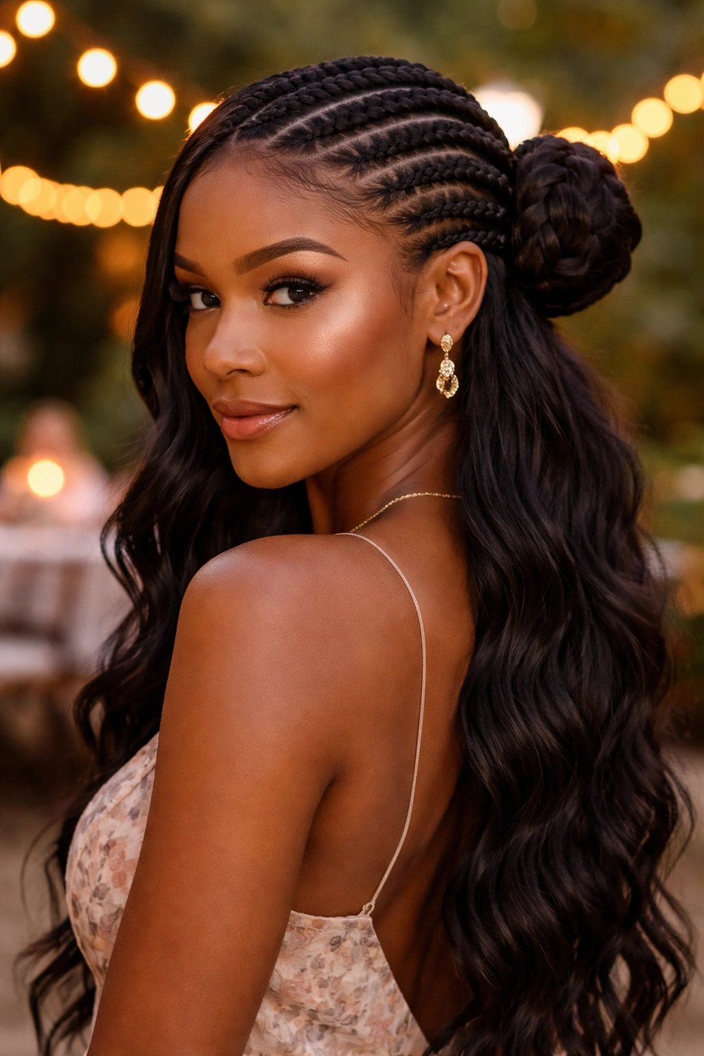 Close-up of side bun formed by cornrows with open back hair on a real woman